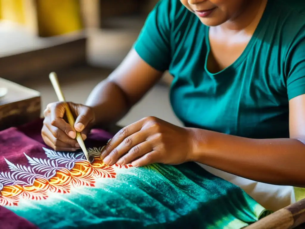 Un artesano aplica cera caliente a un tejido para crear patrones de batik en Yogyakarta, Indonesia