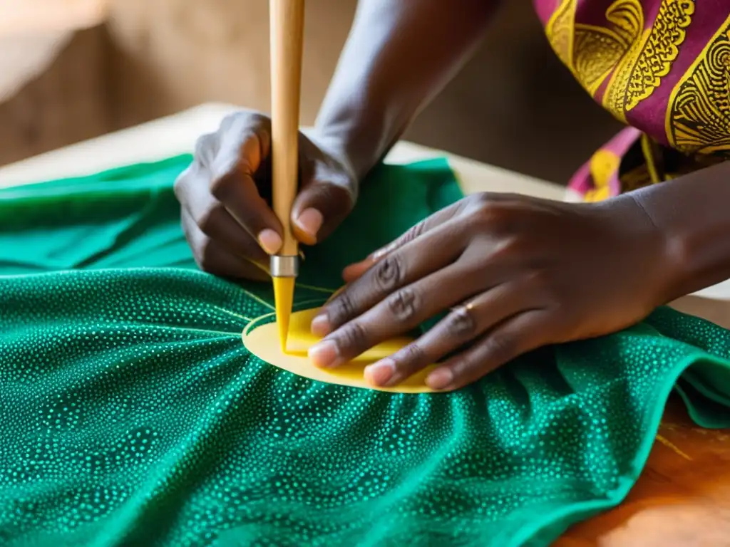 Artesano aplica cera caliente a tela vibrante en arte resistencia cera África Occidental, mostrando la meticulosidad del proceso de Batik