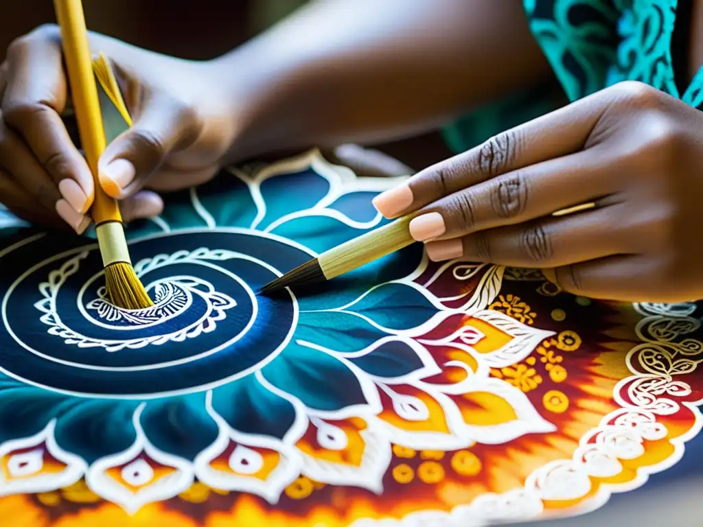 Artesano aplicando cera derretida a tela de batik en Yogyakarta, mostrando la tradición del Batik en Yogyakarta con meticulosidad y arte