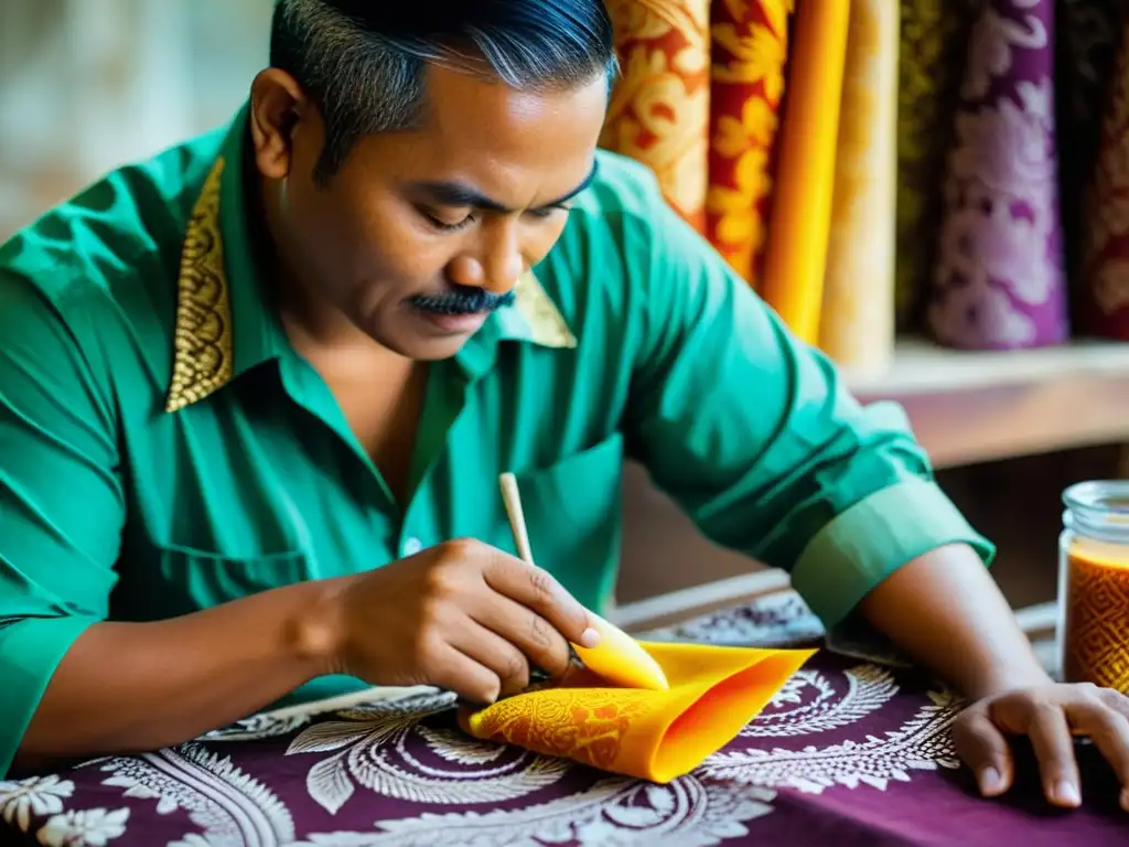 Un artesano en Yogyakarta aplica cera a tela, creando patrones de batik