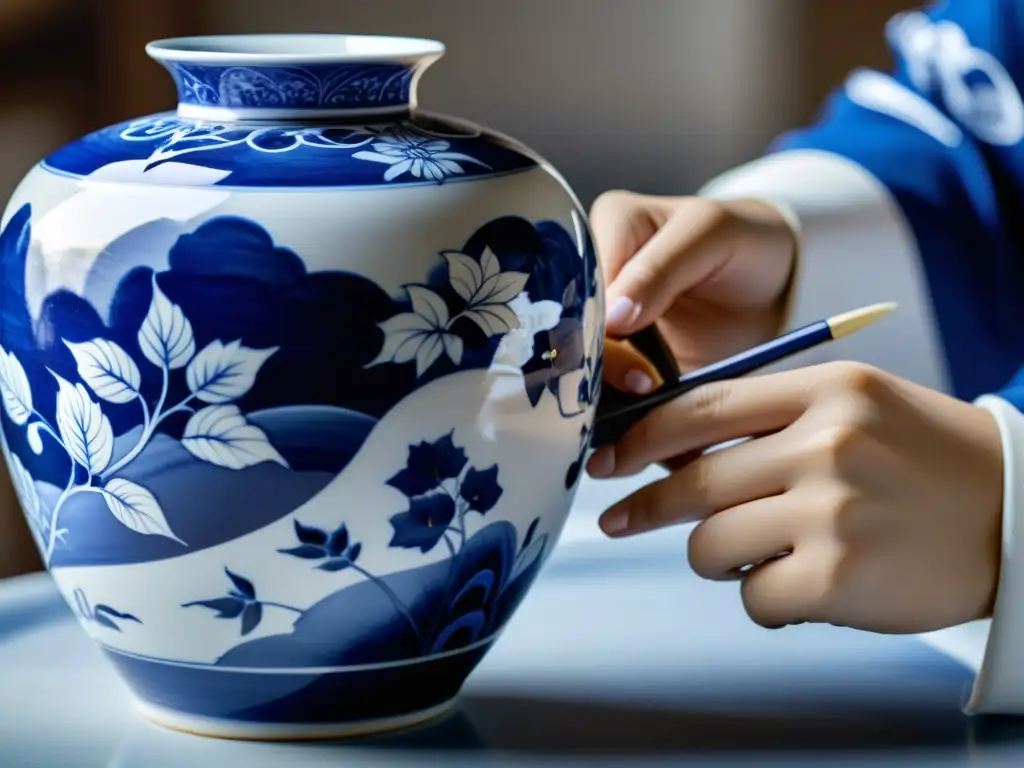 Un artesano chino pinta con precisión diseños azules en un delicado jarrón de porcelana, mostrando la historia y técnica de fabricación de la porcelana china