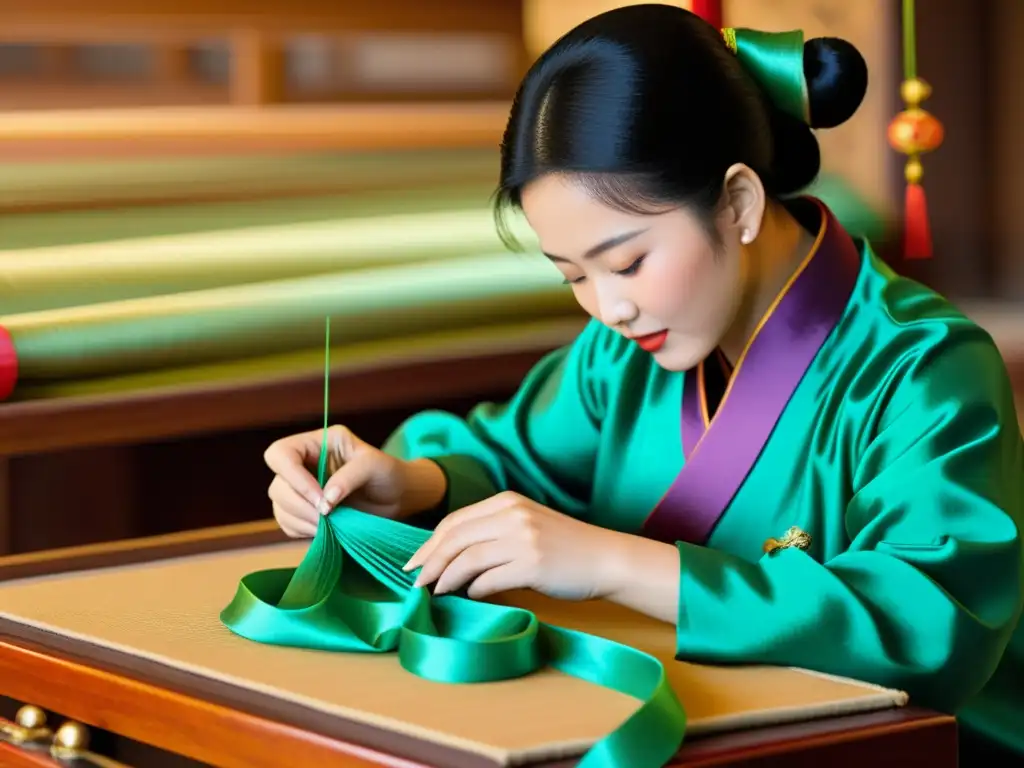 Un artesano chino experto en nudos tradicionales crea una elaborada obra con seda, en un taller tradicional en Shanghái