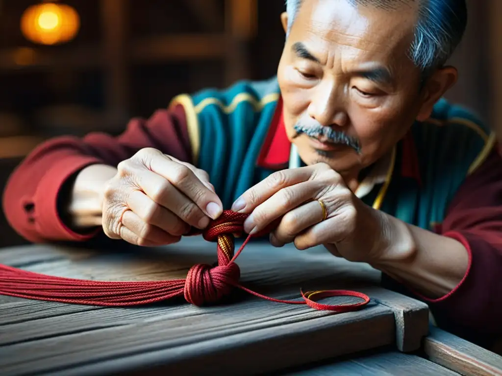 Artesano chino experto en nudos tradicionales en Shanghái, teje hilos rojos y dorados en su taller atmosférico y vintage