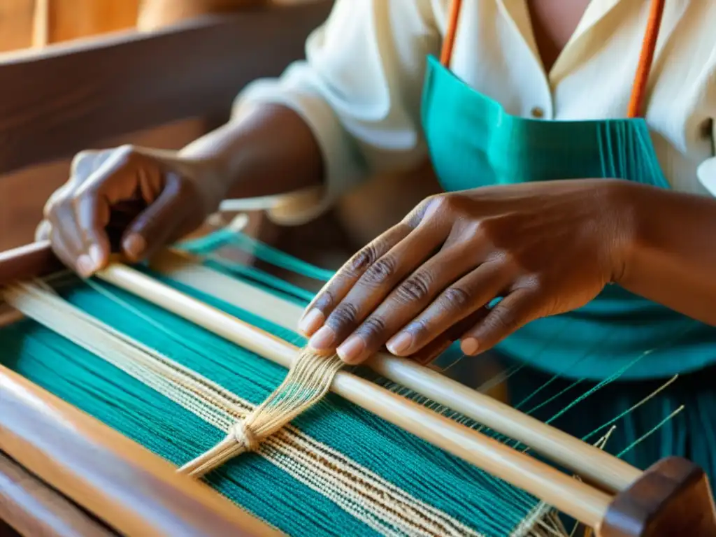Artesana de Costa de Marfil tejiendo en telar de madera Artesano de la costa de Marfil tejiendo a mano técnicas de tejido ancestral