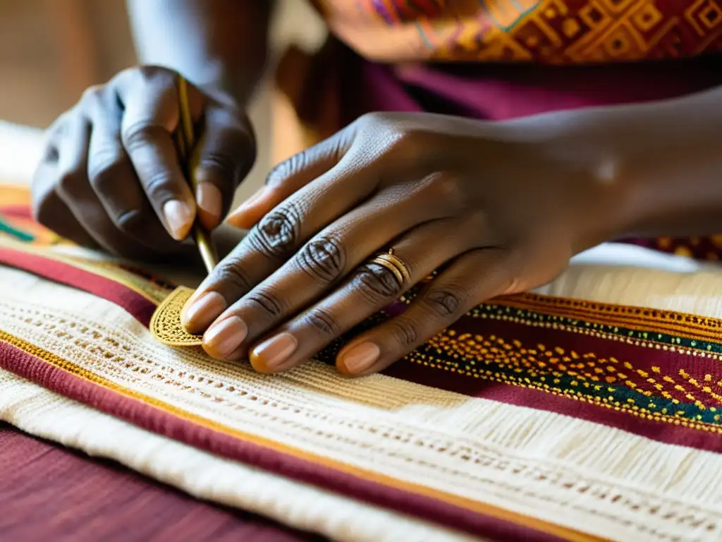 Un artesano restaura con cuidado un antiguo textil africano, mostrando la meticulosidad en la restauración de estos tesoros culturales