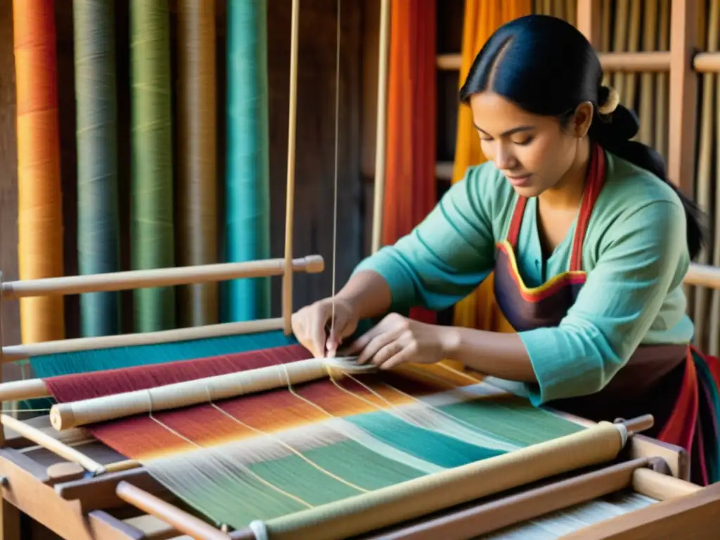 Un artesano teje con cuidado fibras naturales en un telar de madera, mostrando arte textil sostenible y diseño cultural