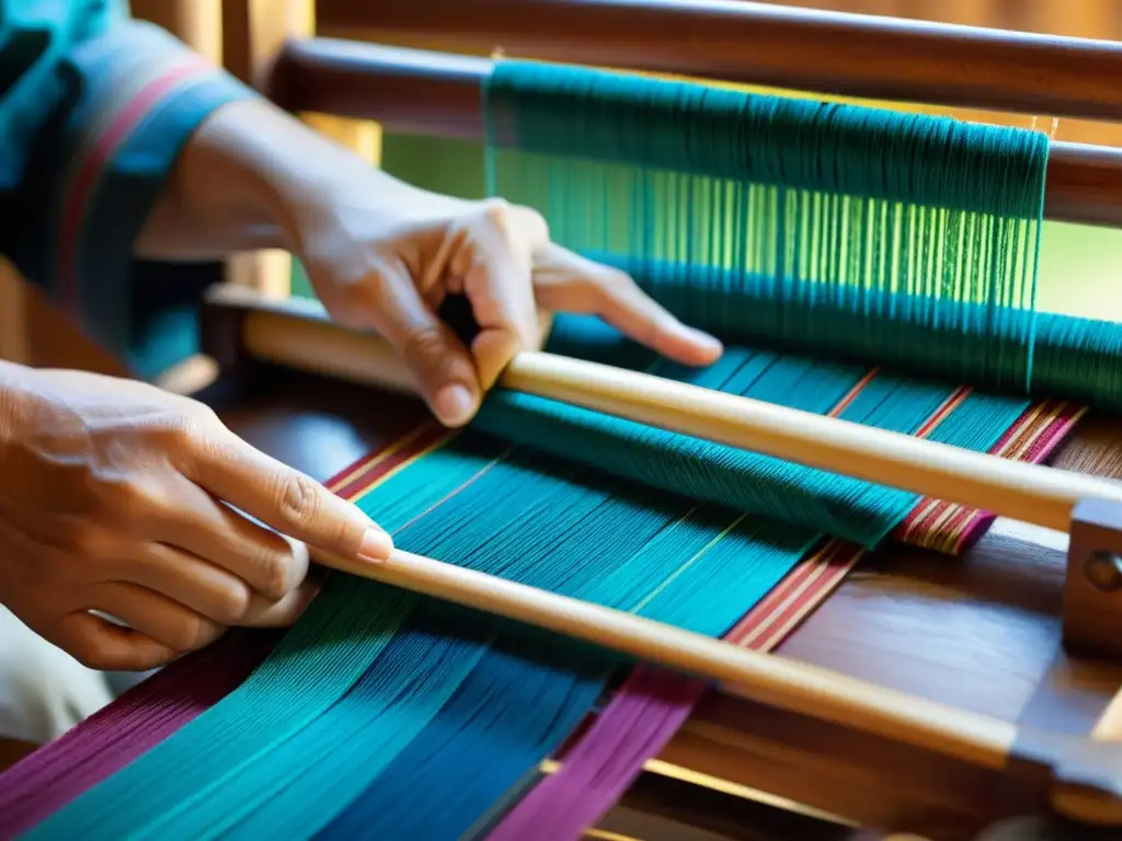 Un artesano teje con cuidado hilos de colores en un telar de madera, resaltando la importancia del tejido manual con destreza y precisión artesanal