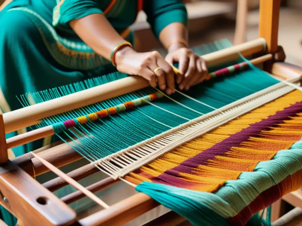 Un artesano teje con cuidado hilos coloridos en un telar de madera rodeado de tintes naturales y patrones textiles