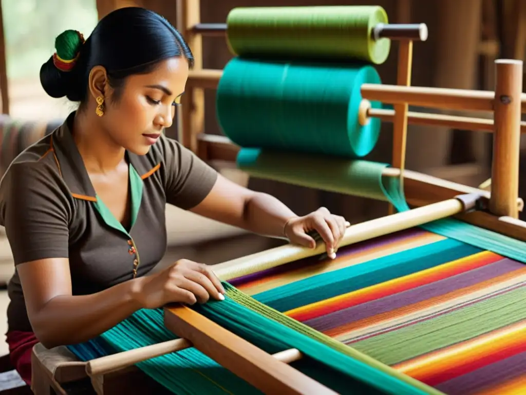 Un artesano teje con cuidado un patrón tradicional en un telar, rodeado de colores vibrantes y texturas ricas