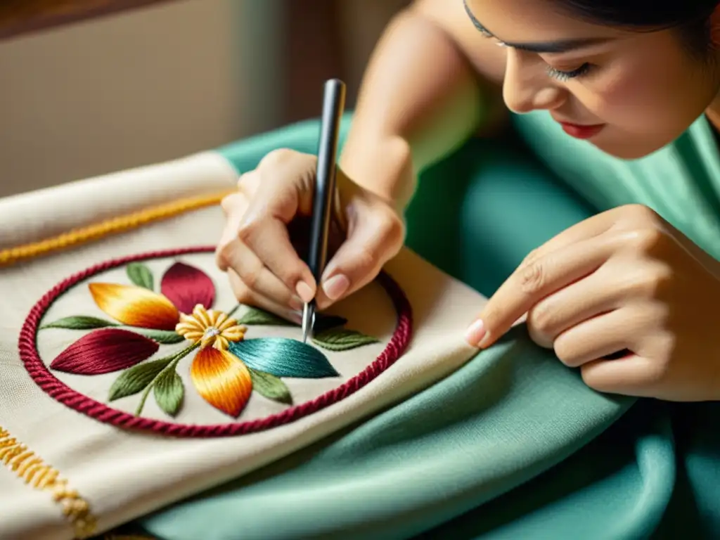 Un artesano borda con cuidado un patrón tradicional en tela, destacando la atención a los detalles y el enfoque en la artesanía