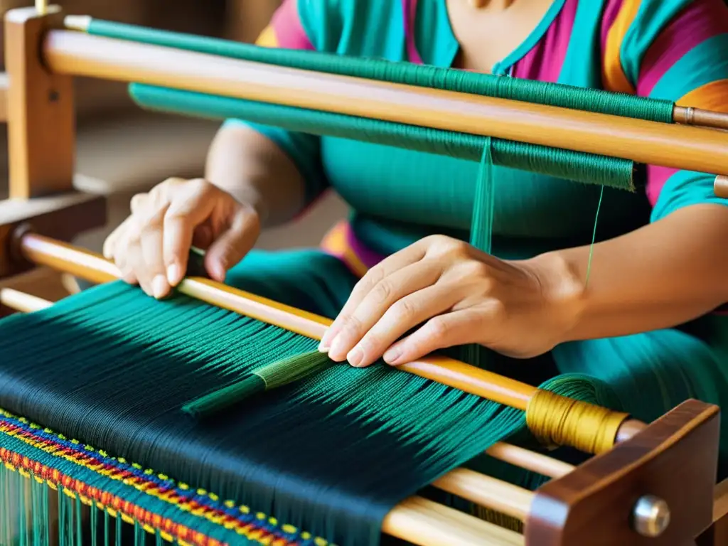 Un artesano hábil teje con cuidado patrones textiles en un telar de madera