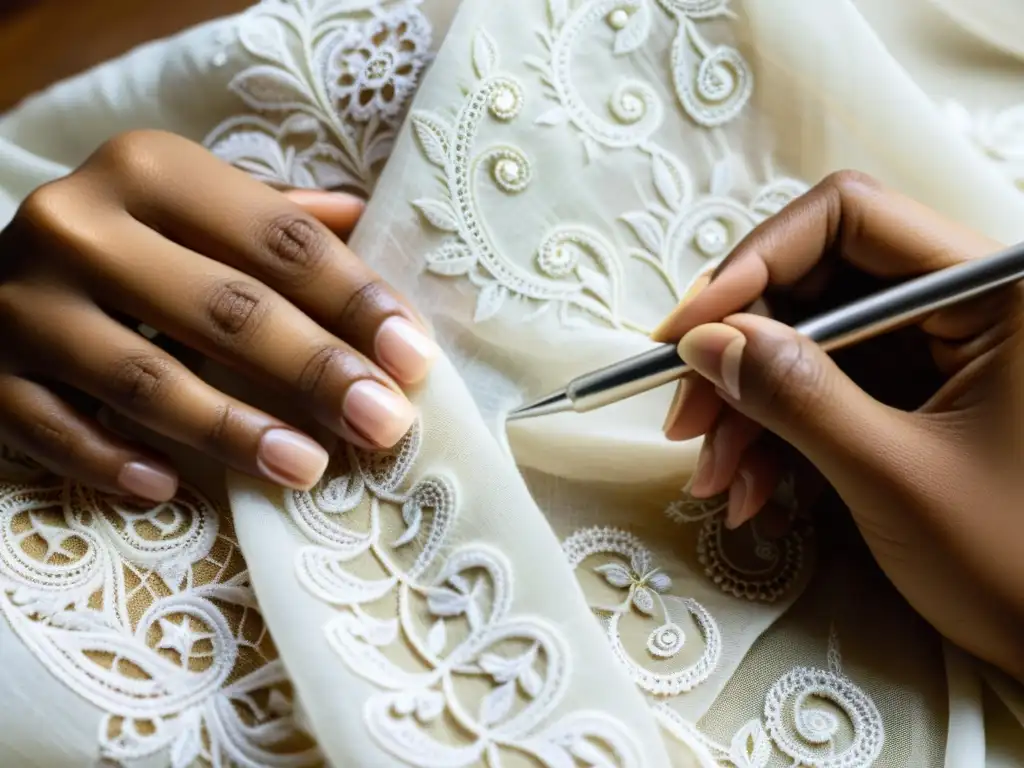 Un artesano borda delicados patrones Chikankari en tela blanca transparente, evocando la tradición y la herencia del bordado chikankari en la India