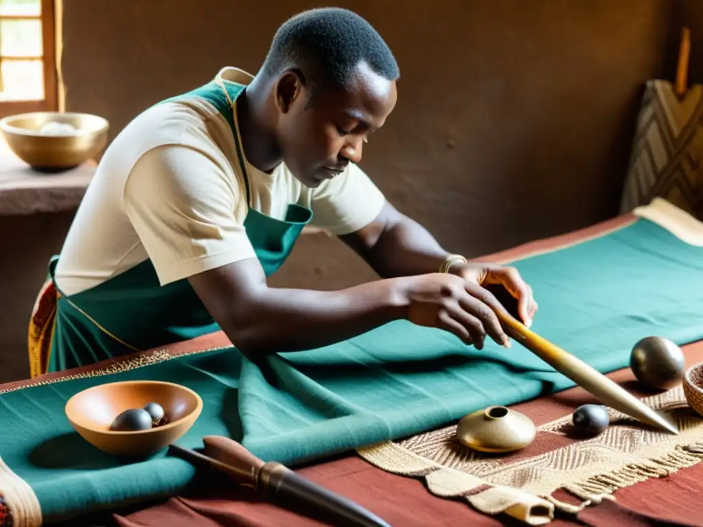 Un artesano restaura con destreza un antiguo tejido africano, rodeado de herramientas vintage, en una atmósfera cálida y tradicional