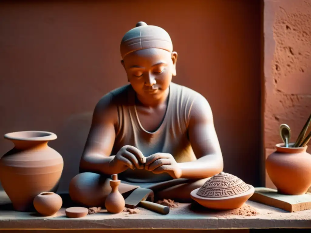 Un artesano moldea con destreza una figura de terracota del sudeste asiático en un taller iluminado vintage, evocando tradición y arte