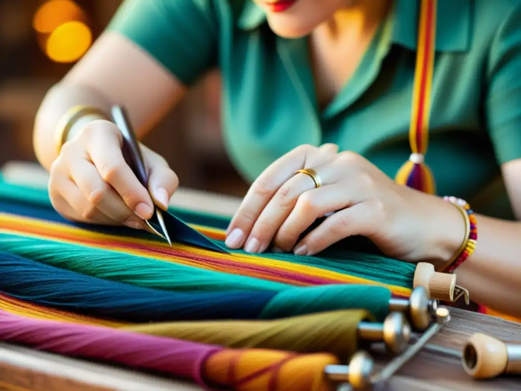 Un artesano teje con destreza hilos coloridos en un patrón tradicional