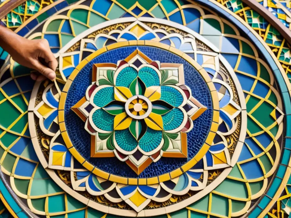 Un artesano árabe ensambla con destreza un intrincado mosaico, mostrando el ciclo de vida del mosaico árabe con detalle y color vibrante