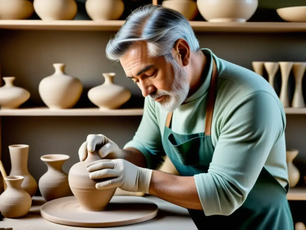 Un artesano esculpe con destreza una obra de cerámica moderna en su estudio, rodeado de esculturas terminadas