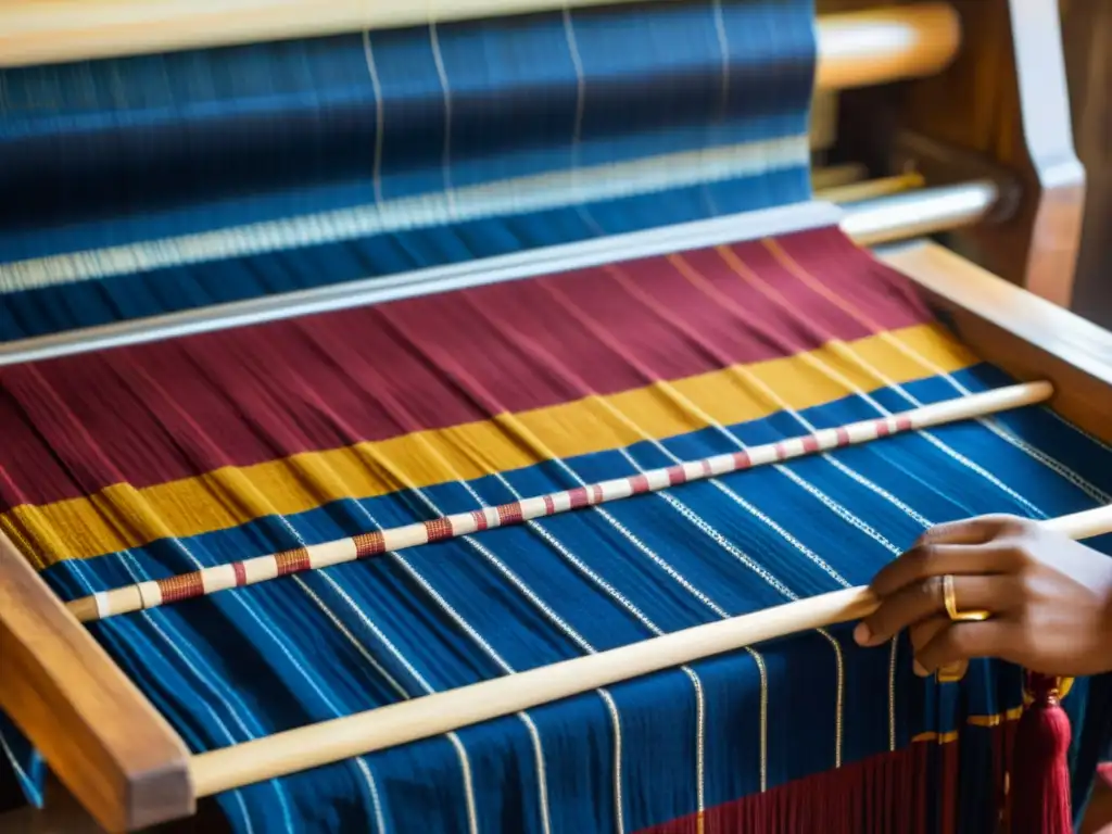 Artesano tejendo con destreza un patrón de Sambalpuri Ikat en un telar de madera, resaltando la rica tradición textil de Odisha