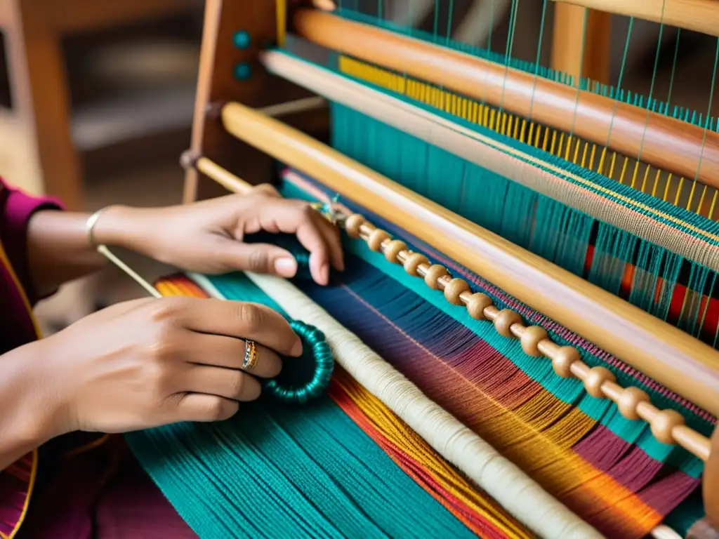 Un artesano teje con destreza patrones textiles en un telar de madera, mostrando técnicas de creación artesanales