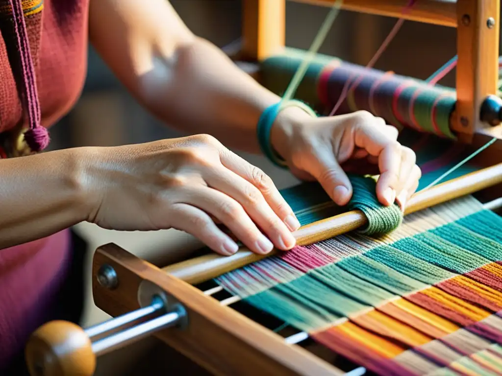 Un artesano teje con destreza patrones textiles en un telar de madera vintage, destacando las técnicas de creación artesanales