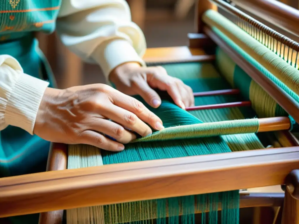 Un artesano teje con destreza patrones tradicionales en un telar de madera, transformando la herencia cultural en arte comercial