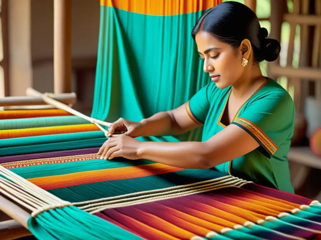 Artesano tejiendo un diseño intrincado en un textil vibrante y único, mostrando el arte textil de autor único