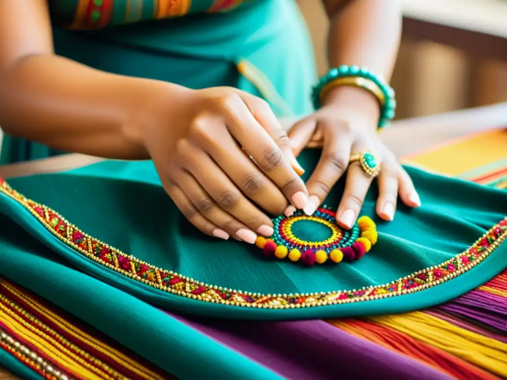 Un artesano crea un diseño de patrones contemporáneos étnicos en tela, con hilos vibrantes y luz suave, resaltando la artesanía