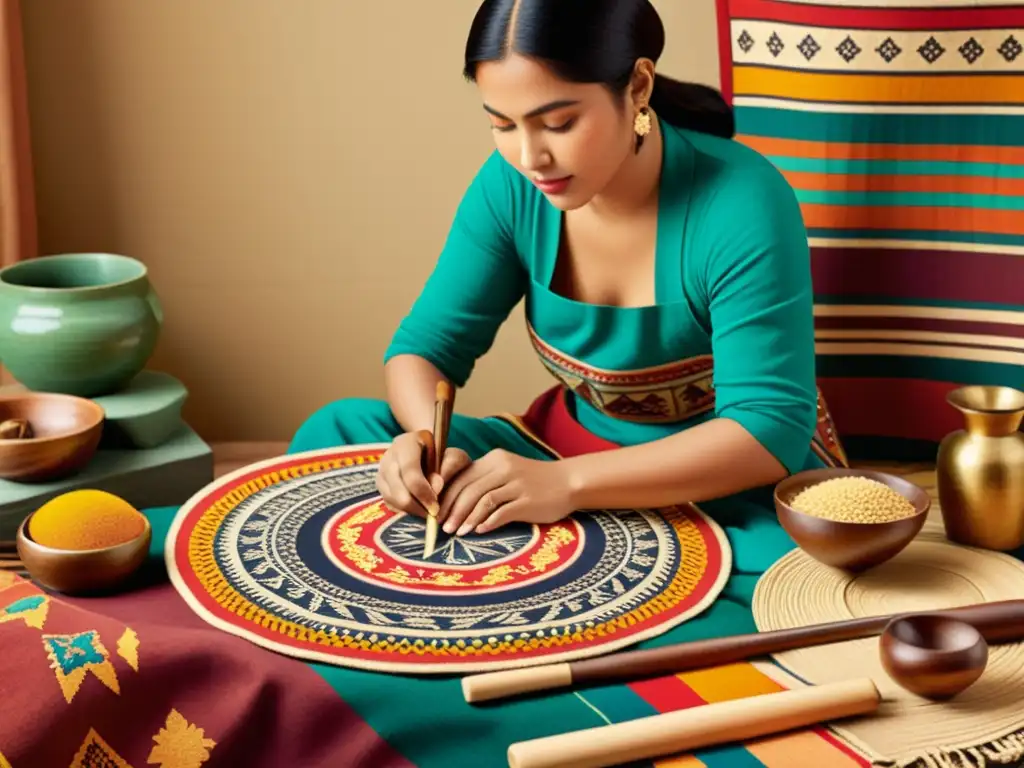 Artista tradicional creando patrones culturales Un artesano crea diseños culturales comercio global, rodeado de textiles y herramientas, con una paleta cálida y nostálgica