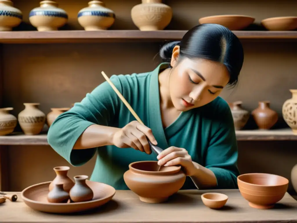 Un artesano hábil crea diseños intrincados en cerámica asiática histórica