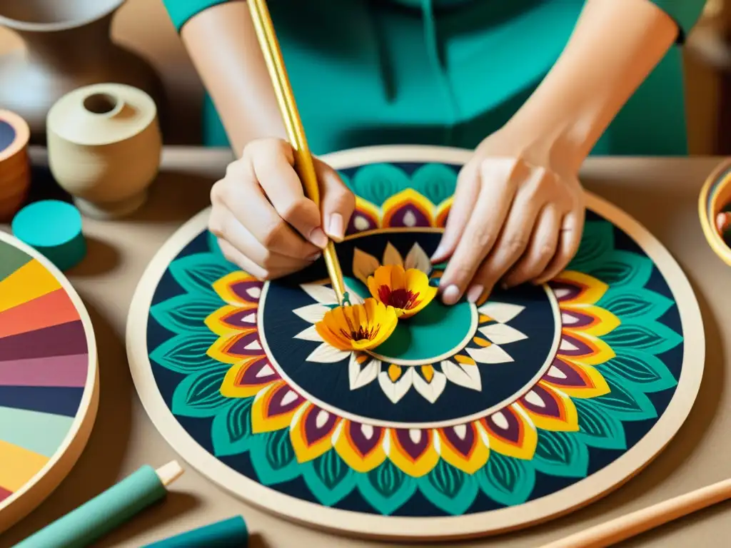 Un artesano crea diseños de patrones artísticos globales con maestría, rodeado de colores vibrantes y herramientas tradicionales