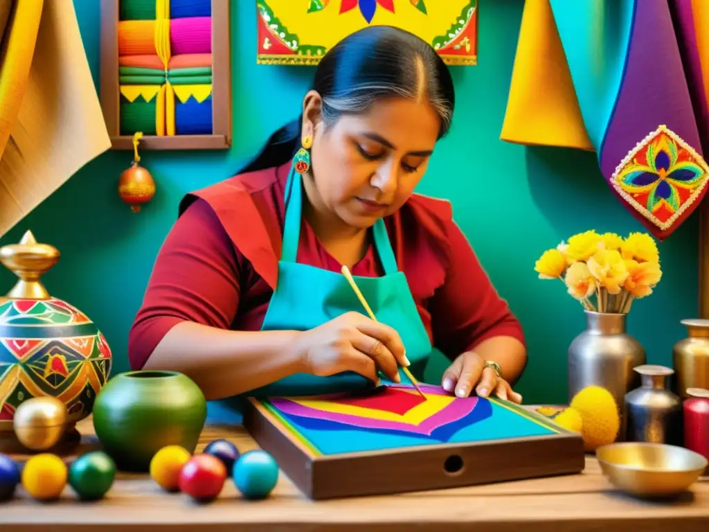 Un artesano ecuatoriano crea un retablo vibrante rodeado de materiales coloridos