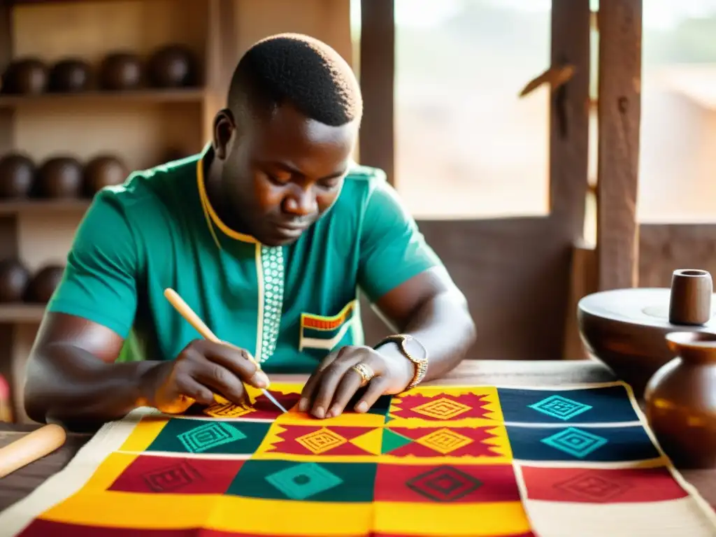 Un artesano en Ghana estampa símbolos Adinkra en tela kente