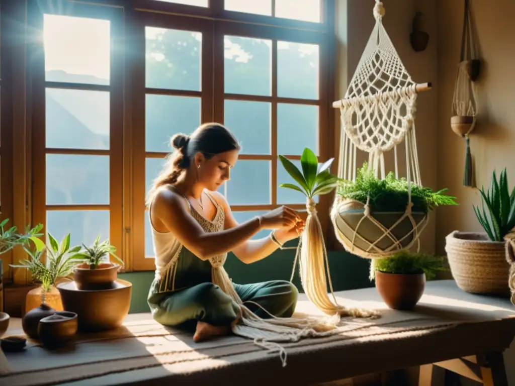 Un artesano europeo tejiendo macramé en un taller acogedor, mostrando la historia y técnica de la cultura europea del macramé