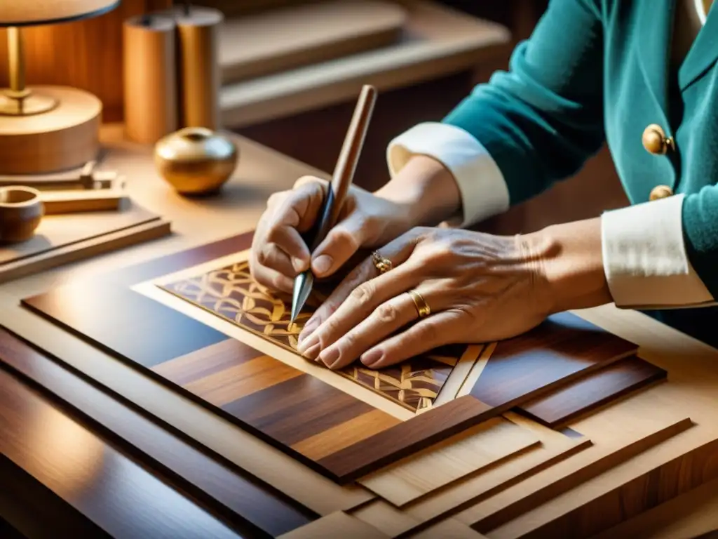 Artesano europeo crea marquetería con madera, evocando tradición y maestría