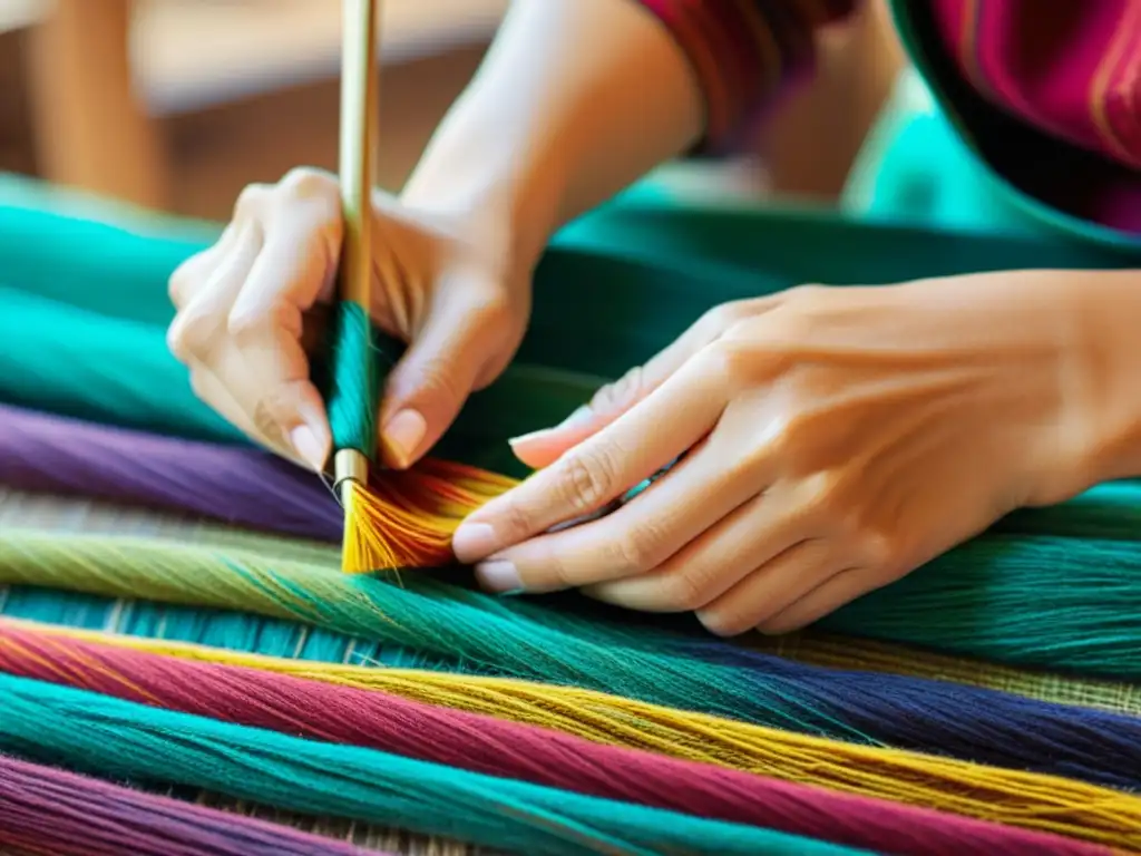 Un artesano experimentado teje con cuidado hilos coloridos en un patrón textil tradicional, evocando la belleza de los patrones ancestrales en el diseño de productos actuales