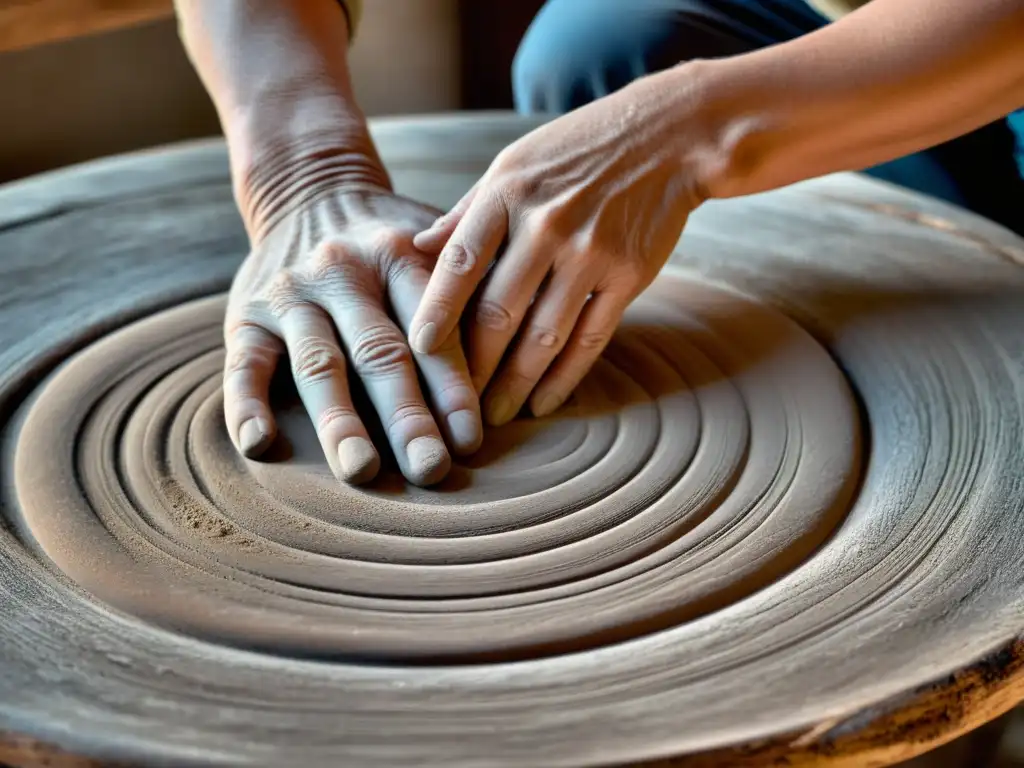 Un artesano experimentado moldea una pieza de cerámica con la técnica japonesa Raku en una mesa de madera envejecida, rodeada de sus creaciones únicas