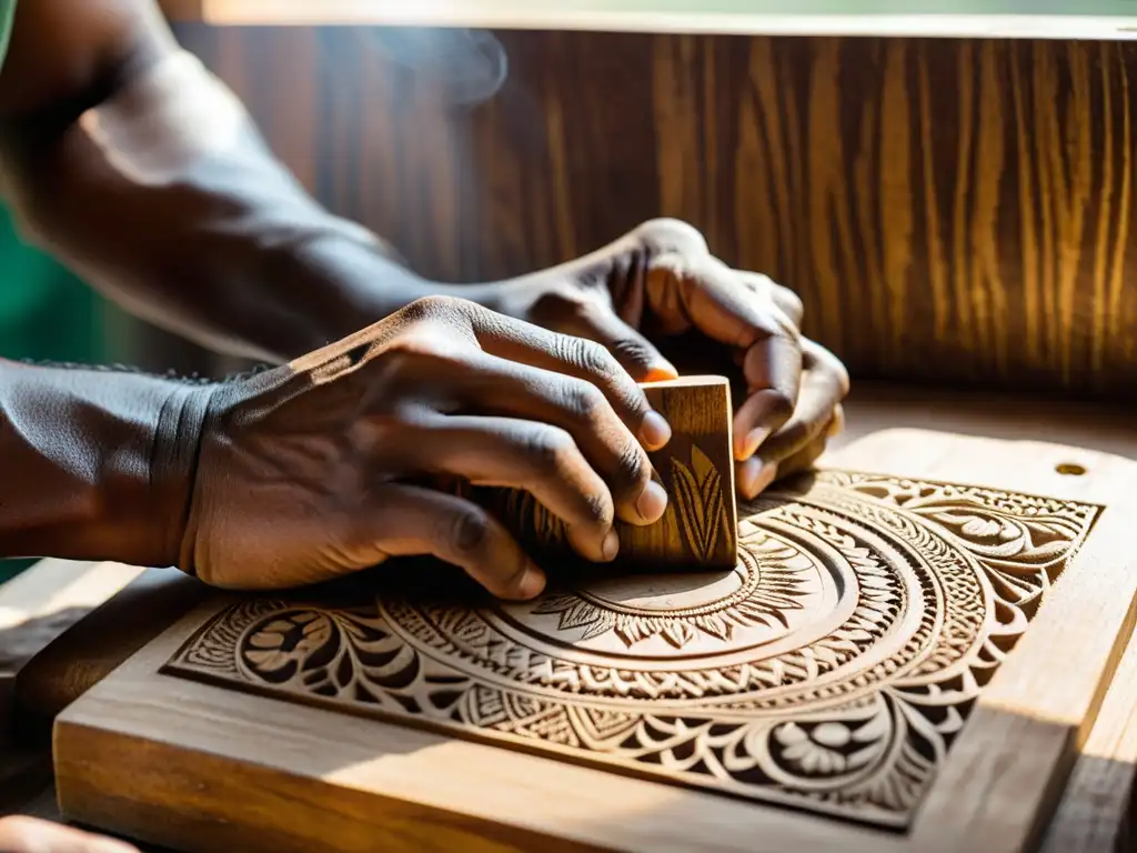 Un artesano experimentado talla delicados diseños en un bloque de madera para block printing