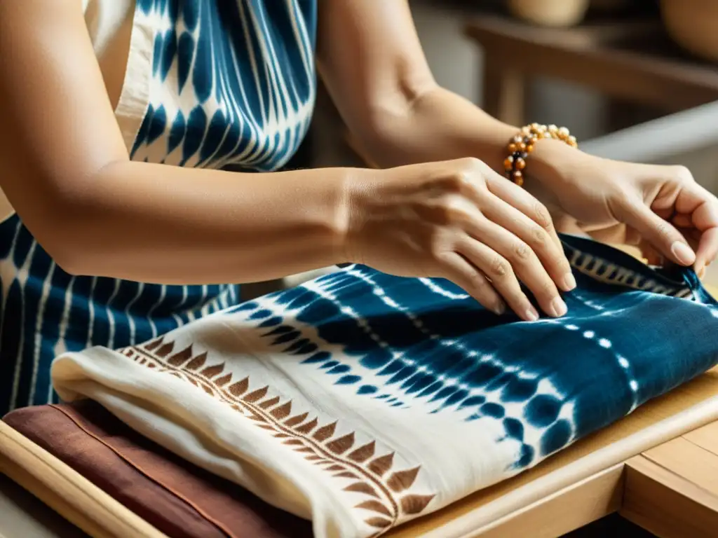 Un artesano experimentado tiñendo tela con técnicas tradicionales de shibori e ikat, mostrando destreza y herencia cultural