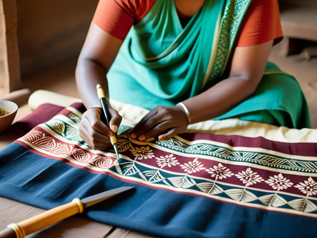 Un artesano experto aplica arcilla y tintes naturales para crear diseños artísticos culturales estilo Dabu en tela, rodeado de herramientas vintage