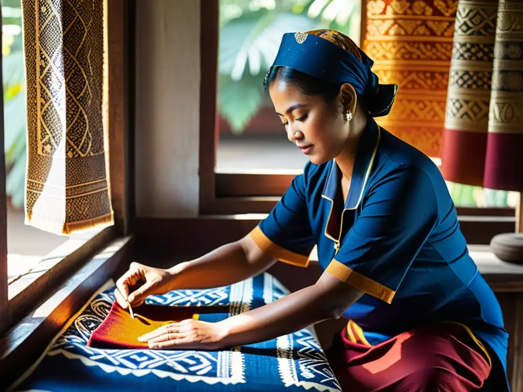 Un artesano experto en Yogyakarta aplica cera a un tejido con patrones intricados, rodeado de tintes naturales vibrantes en un taller tradicional