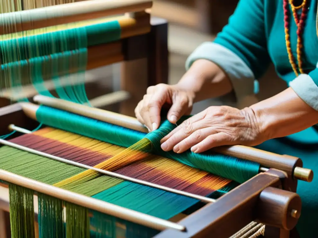 Un artesano experto teje con cuidado hilos coloridos en un telar tradicional, preservando patrones artísticos globales con destreza y pasión