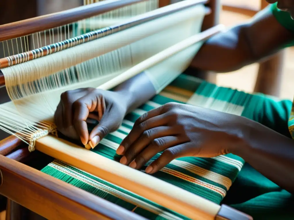 Artesano tejedor de la Costa de Marfil: habilidad y tradición en cada hilo Un artesano experto teje con cuidado hilos vibrantes y terrosos en un telar de madera tradicional de la costa de Marfil, destacando las técnicas de tejido a mano de la costa de Marfil