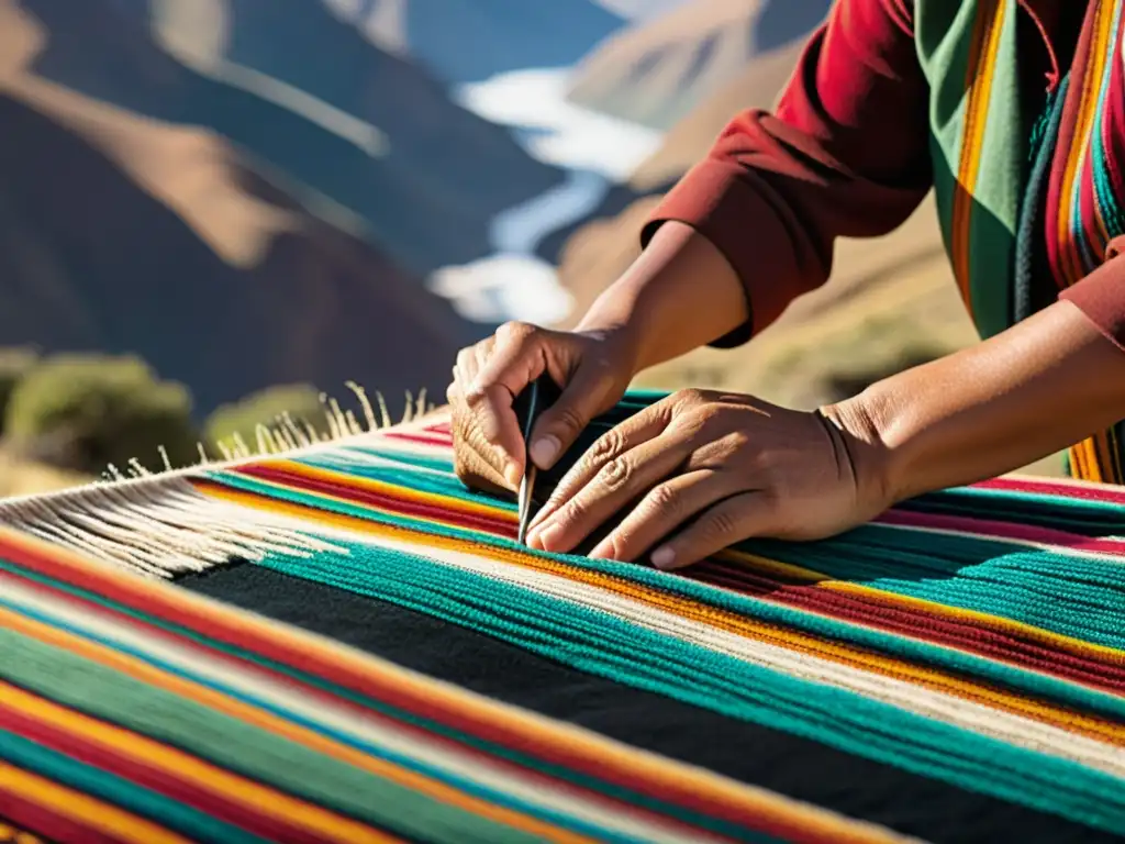 Un artesano experto teje con cuidado un tapiz andino vintage, resaltando la riqueza cultural y el significado de los tapices andinos en Bolivia