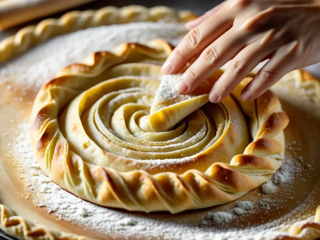 Un artesano experto moldea con destreza un delicado y elaborado espiral de masa de hojaldre, revelando los patrones en la elaboración de rollos