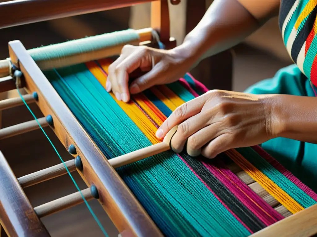 Artesano tejiendo patrones tradicionales en telar vintage Un artesano experto teje con habilidad hilos de colores en un telar de madera vintage, creando patrones contemporáneos con raíces ancestrales