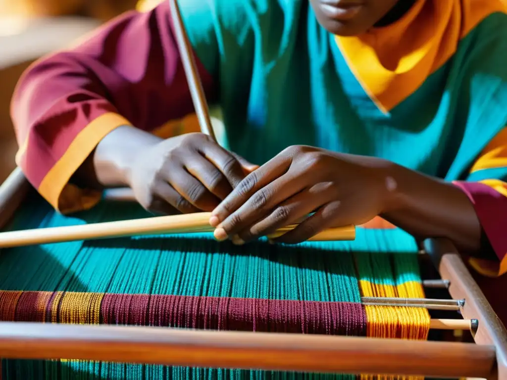 Un artesano experto crea una hermosa tela en un telar peine fijo, reflejando la cultura africana con sus colores y patrones ricos