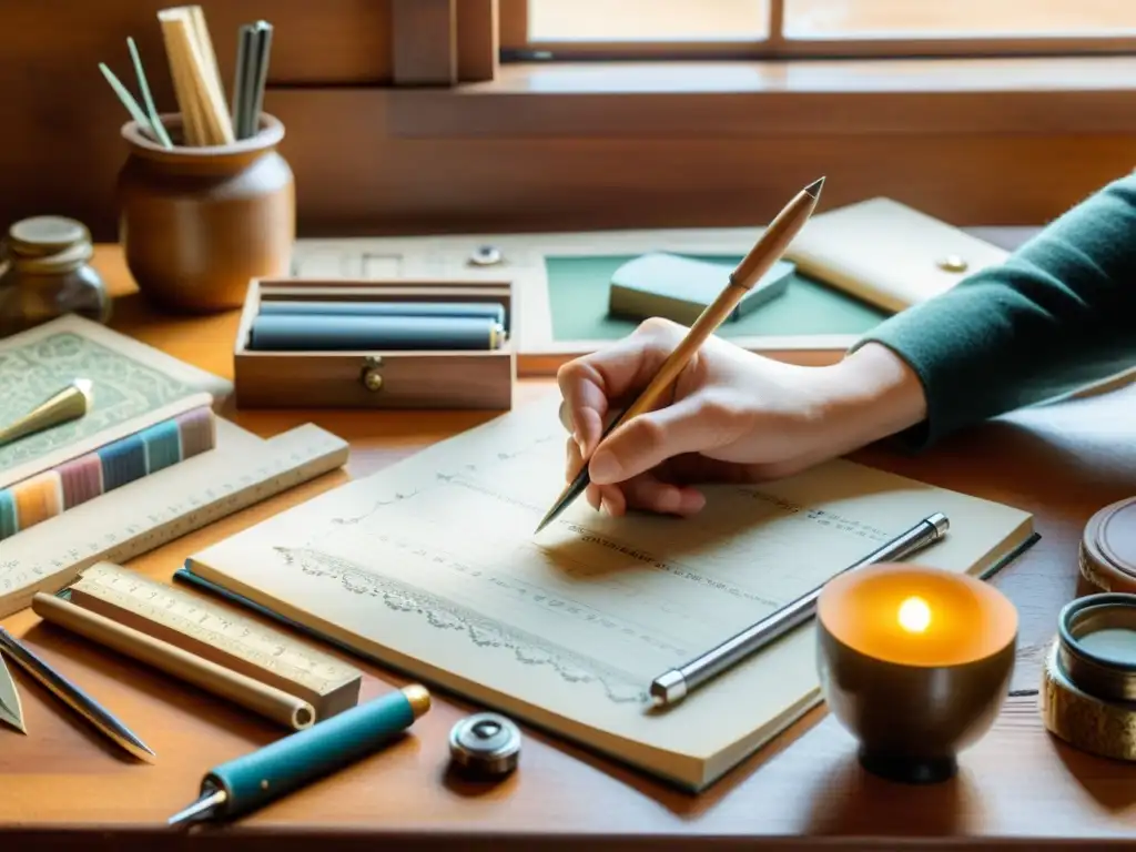 Un artesano experto arregla con esmero herramientas vintage en una mesa de madera, capturando la esencia de equilibrio perfecto diseño marca elegante