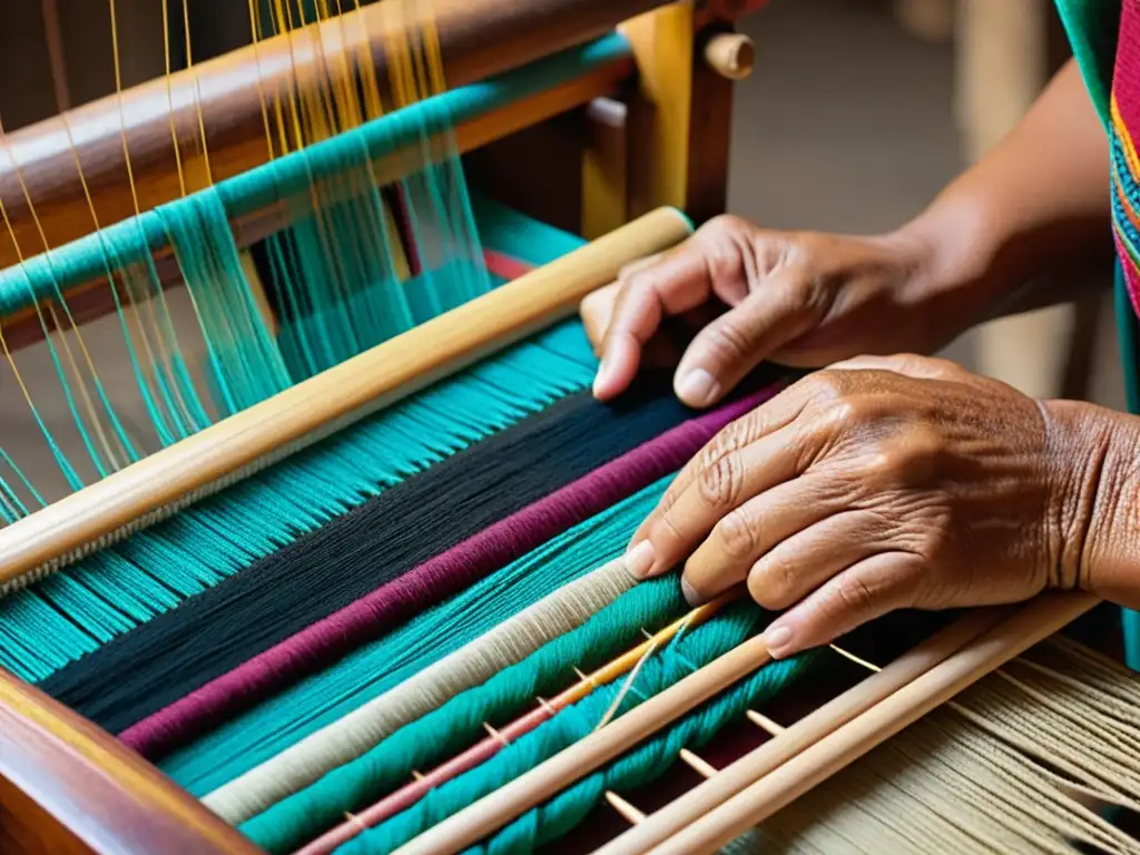 Un artesano experto teje hilos coloridos en un telar de madera, mostrando la rica herencia cultural de los textiles artísticos atractivos para turistas en América Latina