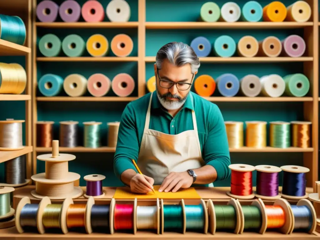 Un artesano experto crea un intrincado patrón artístico en impresión 3D, rodeado de filamentos de colores y objetos vintage