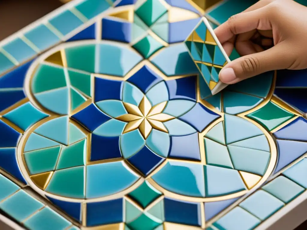 Un artesano experto ensambla mosaicos árabes con vibrantes azulejos cortados a mano, enriqueciendo la tradición con colores y destreza